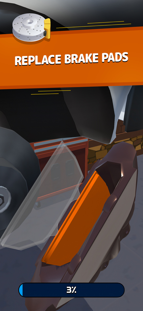 Mechanic Simulator - 정비소 시뮬레이터의 3D 자동차 브레이크 패드 어셈블리 게임 플레이 스크린샷으로, 브레이크 패드 교체 지침과 진행률 표시줄이 표시됩니다.