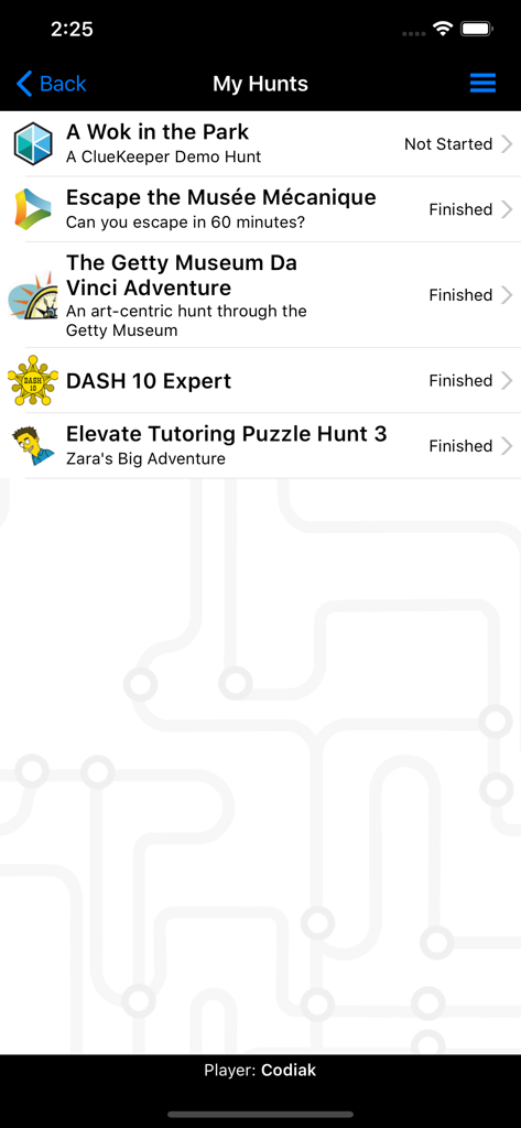 ClueKeeper - Screenshot of the My Hunts screen in ClueKeeper showing a list of started and finished urban exploration and museum adventure games