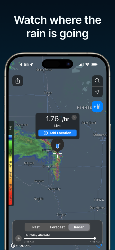 Interfaz de la aplicación RainDrop que muestra un mapa de radar de lluvia en vivo con una lectura de intensidad de 1,76 pulgadas por hora sobre el Medio Oeste