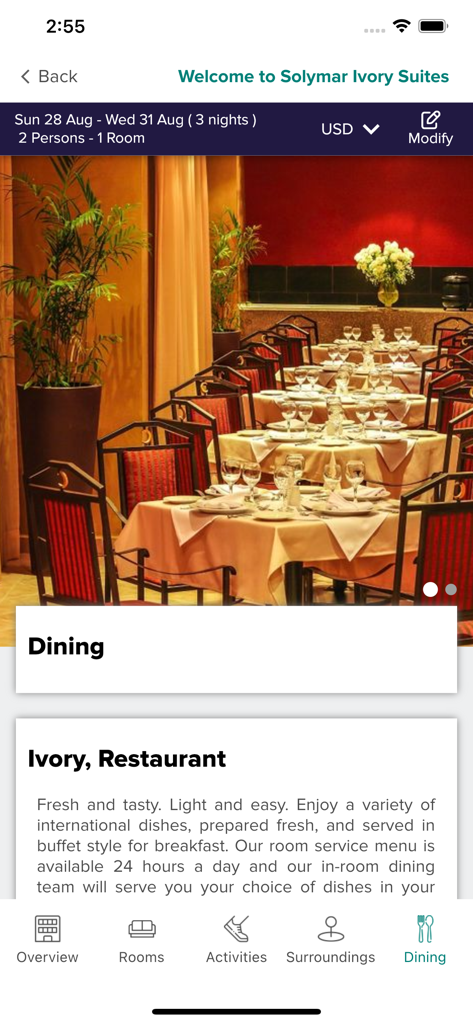 Seção de jantar do aplicativo JAZ Hotel Group mostrando o interior do Ivory Restaurant
