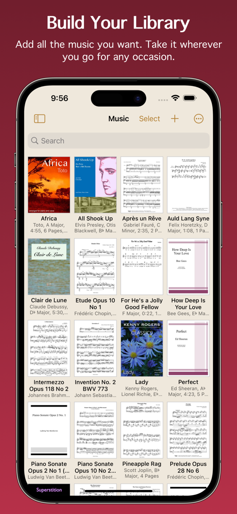 Digital music library grid in Paperless Music app displaying various sheet music covers and scores
