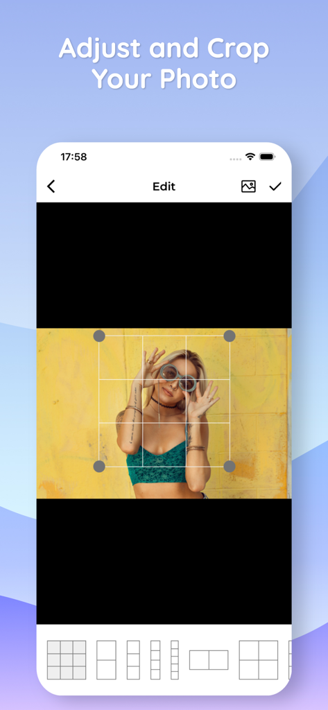 Photo Layout Maker - Grid Post - Interface do aplicativo móvel mostrando uma ferramenta de corte em grade 3x3 para fotos de redes sociais