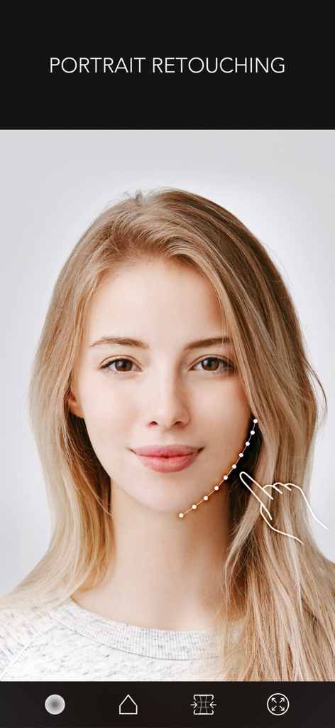 Interfaz de retoque de retratos en la aplicación PICSPLAY 2 que muestra la herramienta de remodelación facial utilizándose en la línea de la mandíbula de una mujer.