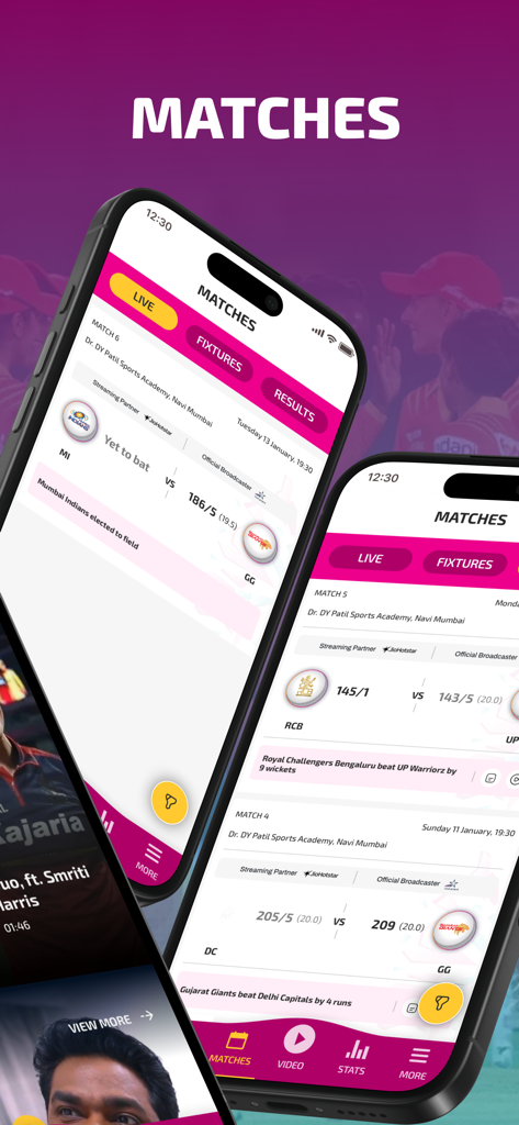 Women's Premier League (WPL) - Capturas de pantalla de la aplicación WPL que muestran horarios de partidos de críquet y puntuaciones en vivo en teléfonos móviles