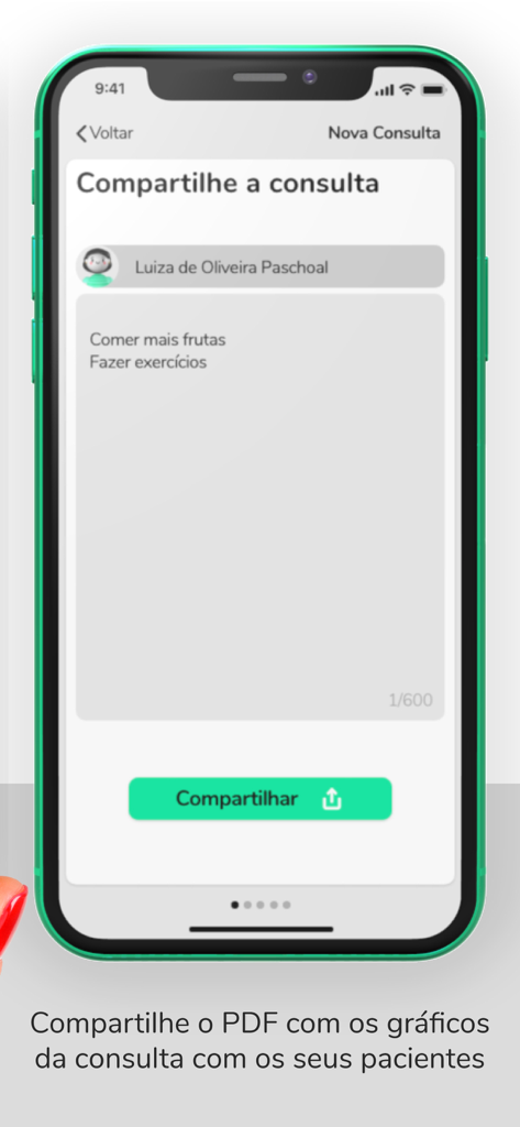 Graphi - Interface do aplicativo Graphi para compartilhar relatórios de crescimento pediátrico e detalhes de consulta como um PDF.