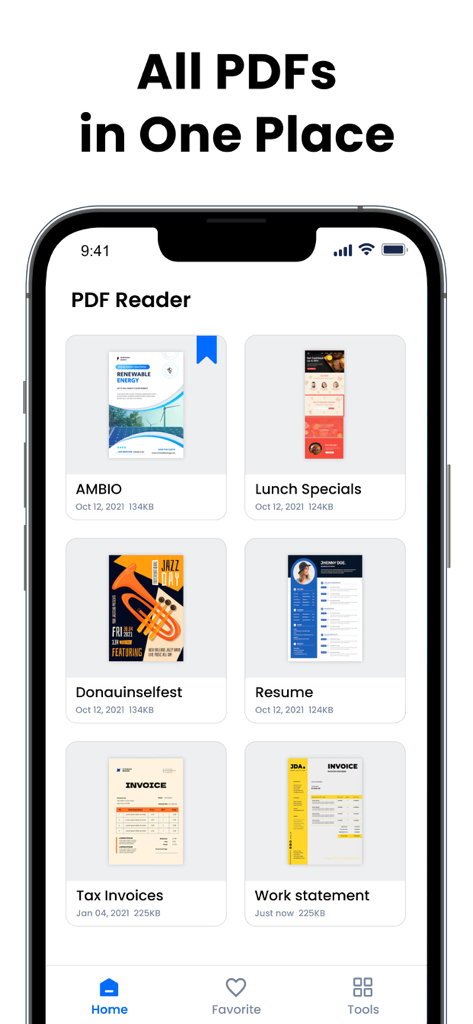 PDF Reader & PDF Editor - グリッドで整理されたデジタルドキュメントのコレクションを表示するPDFリーダーモバイルアプリのインターフェース