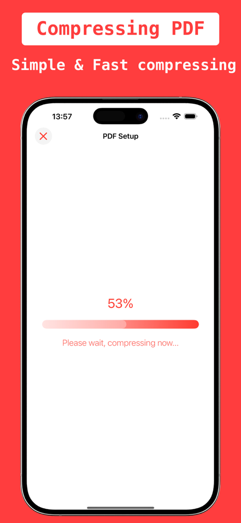PDFドキュメントを圧縮中に53%で進捗バーを表示するスマートフォンの画面