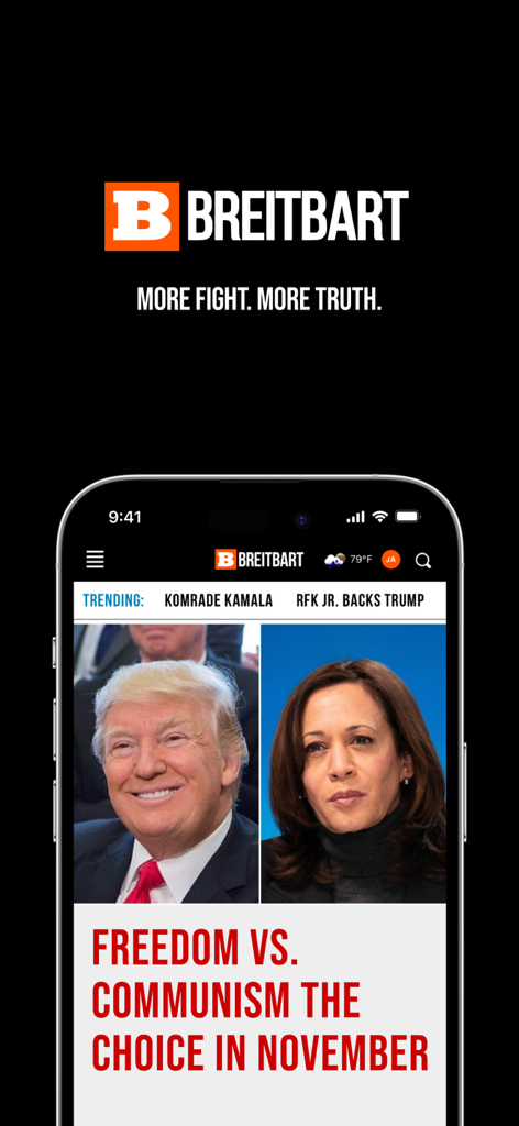 Breitbart - Breitbart News app interface showing a political headline with photos of Donald Trump and Kamala Harris