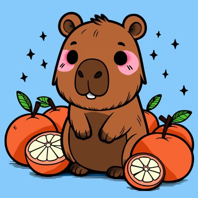 capybara plushie with oranges around it