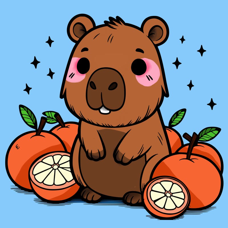 capybara plushie with oranges around it