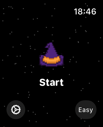 Tela inicial do aplicativo MathMagician no Apple Watch com um chapéu de mago e um botão iniciar