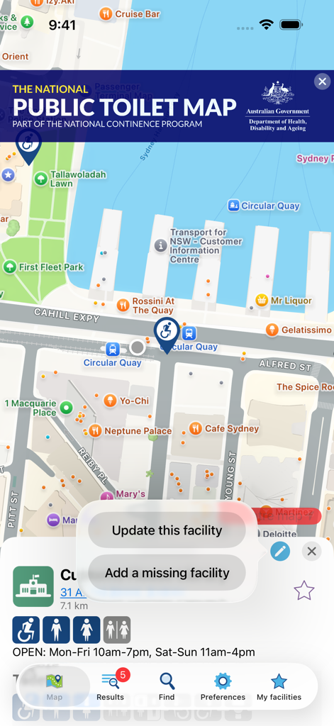 A screenshot of the National Public Toilet Map mobile application showing restroom locations in Sydney Australia