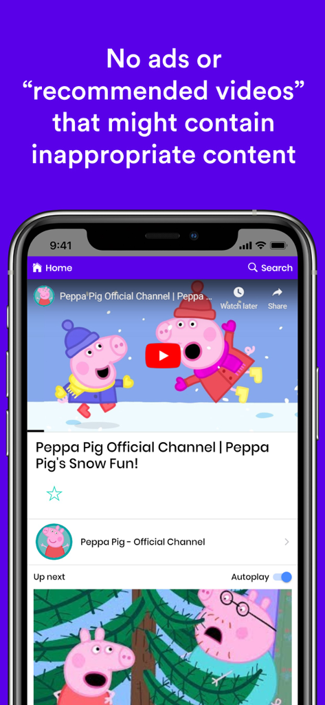 Safe Vision app interface playing an official Peppa Pig video with no ads or inappropriate recommended content