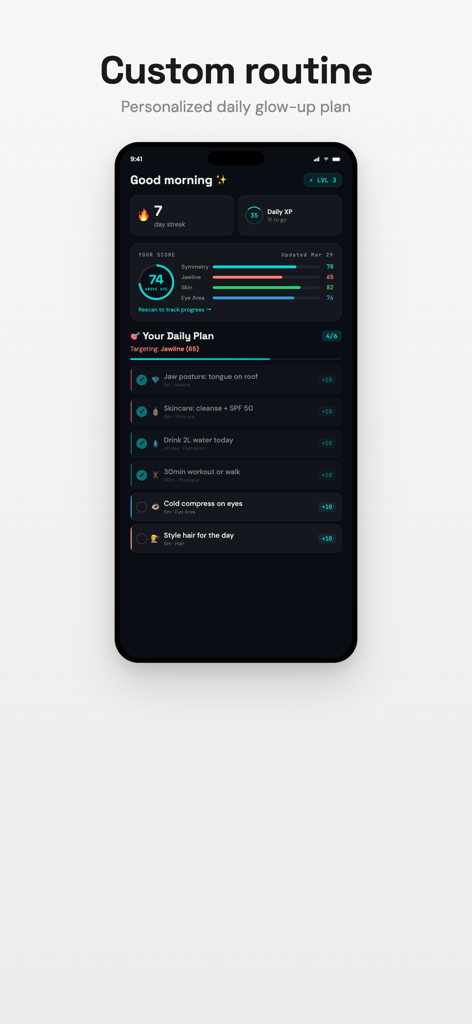 Glow Up App - AI Face Rating - Glow Up Appのパーソナライズされたデイリールーチンと顔分析スコアダッシュボード