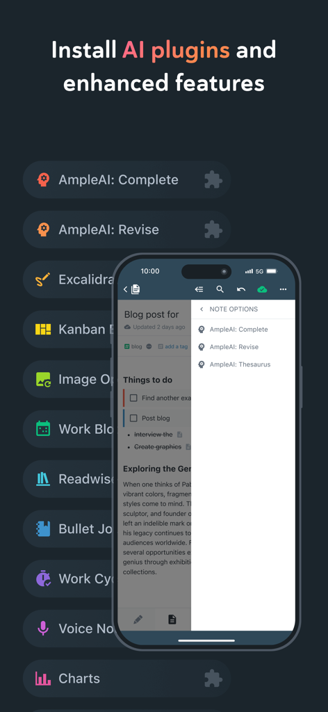 Amplenote - Amplenote interface showing a list of AI plugins and enhanced note-taking features on mobile