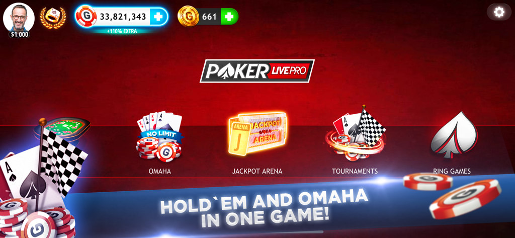El menú principal de la aplicación Poker Texas Holdem Live Pro que muestra varios modos de juego, incluidos Omaha y Torneos.