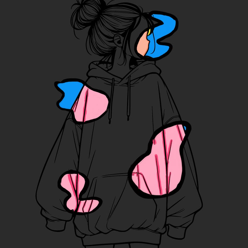 realistic girl with a oversized sweatshirt on and a bun