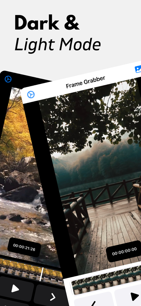 Frame Grabber: Video to Pic - Frame Grabber app screenshot highlighting both dark and light user interface modes for video to picture conversion