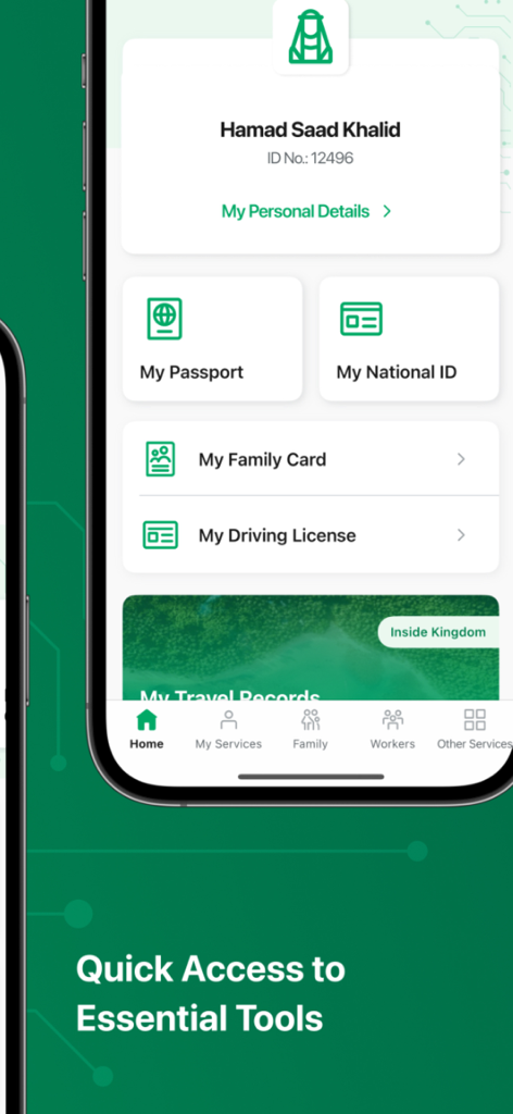 Absher app dashboard showing quick access to personal documents like passport national ID and driving license