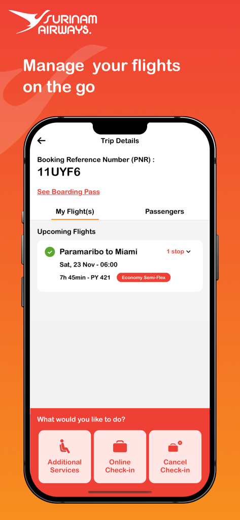 FlySLM - FlySLM app screen showing trip details and options for online check-in and additional services