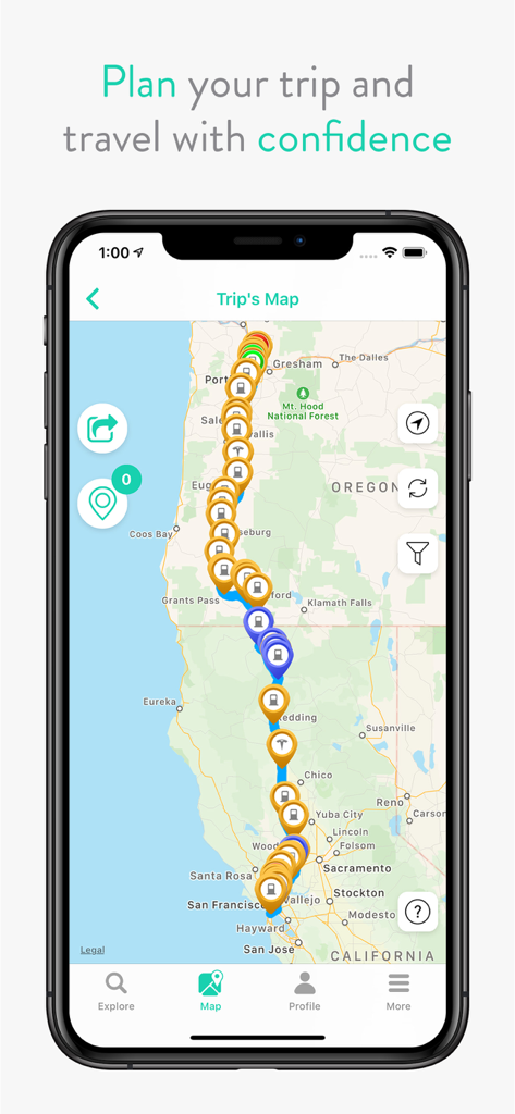 Carte de planification de voyage sur smartphone montrant les bornes de recharge pour véhicules électriques le long d'un itinéraire entre San Francisco et Portland.