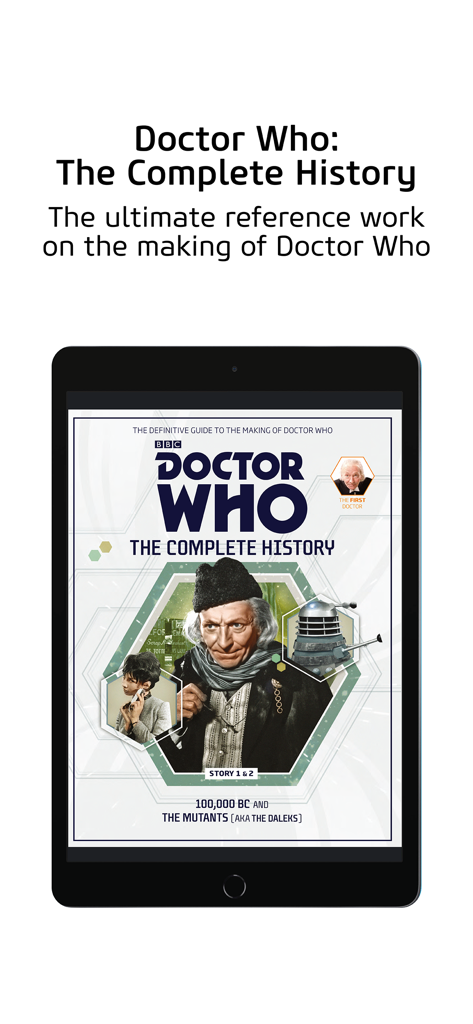iPad affichant la couverture du magazine Doctor Who Complete History avec le Premier Docteur et un Dalek.