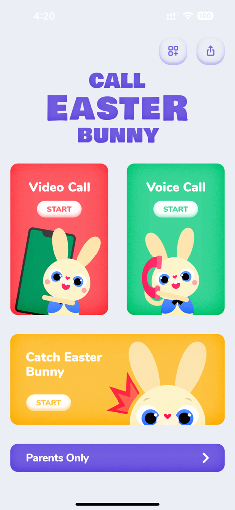 Call Easter Bunny - Main menu of the Call Easter Bunny app showing options for video calls, voice calls, and the Catch Easter Bunny photo feature.
