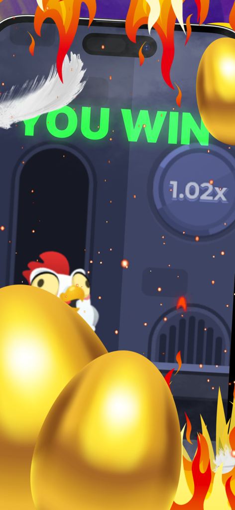 Egglytics - 황금 달걀과 만화 닭이 있는 당신은 이겼다는 메시지가 있는 모바일 앱 화면