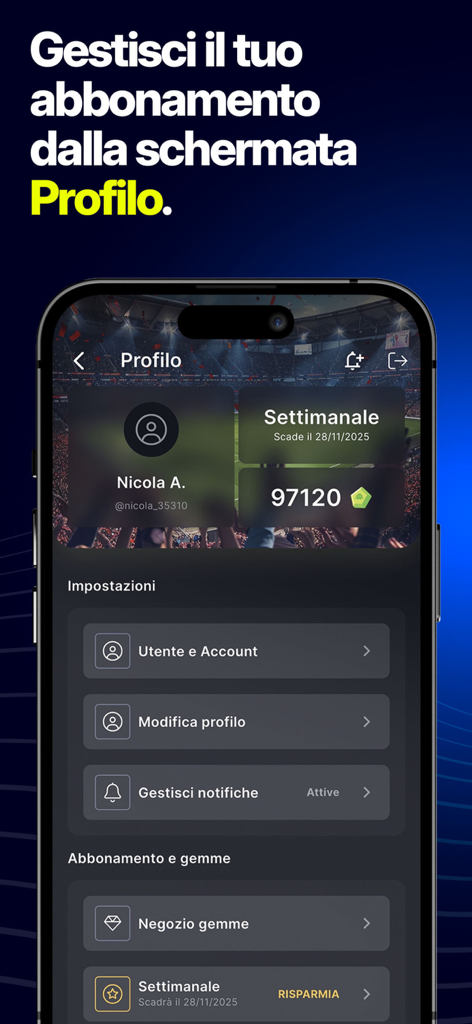 Algo Fantacalcio - Interfaccia di gestione del profilo utente e degli abbonamenti per l'app Algo Fantacalcio.