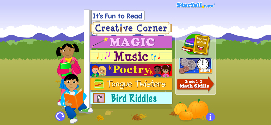 Starfall Its Fun to Read app main menu with educational categories signpost