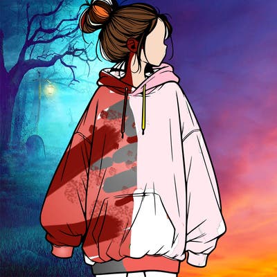 realistic girl with a oversized sweatshirt on and a bun