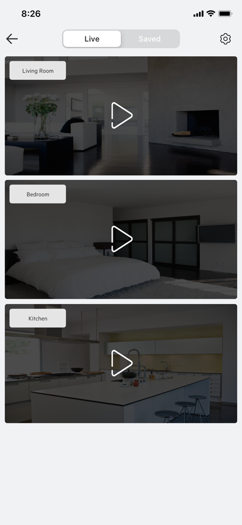Sector Alarm Video app dashboard displaying live home security camera streams from different rooms.
