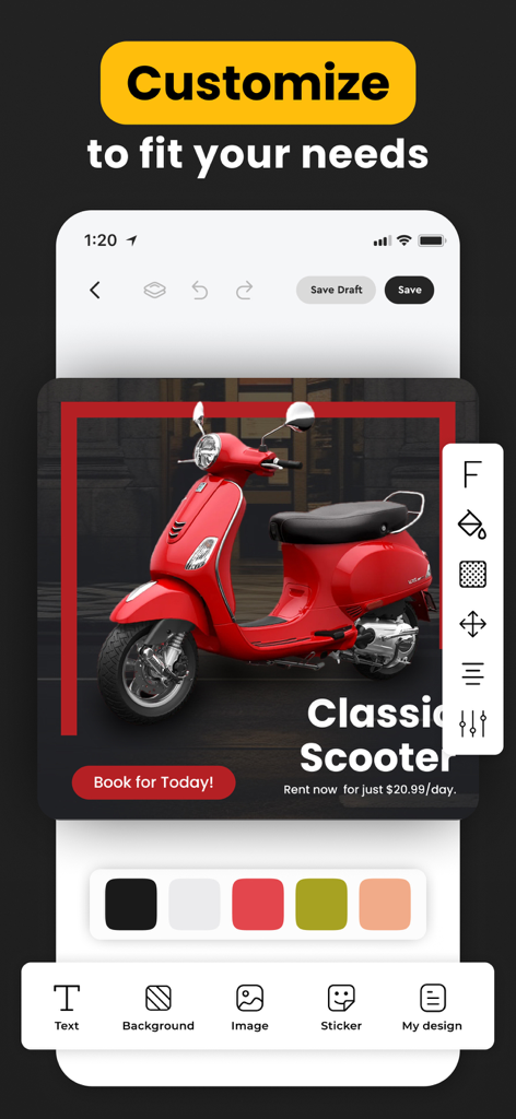 Advertisement Maker, Create Ad - Mobile app interface of Advertisement Maker showing a red scooter ad template with various editing and customization tools.