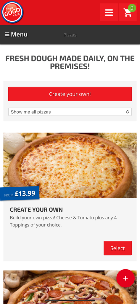 Pizza GoGo: Food Delivery - Pizza GoGo mobile app menu for ordering fresh custom pizzas