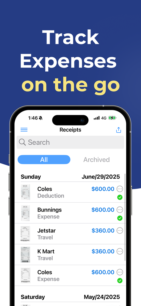 Receipt Tracker - Tax Return - mobile app interface showing a list of tracked receipts and business expenses for tax returns