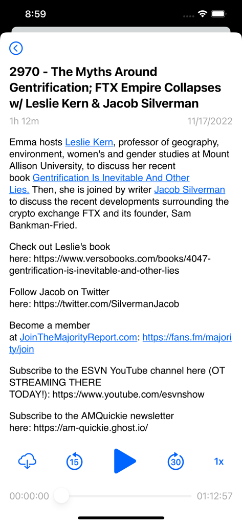 Majority Report - A screenshot of The Majority Report app showing details and playback controls for an episode about gentrification and the FTX collapse