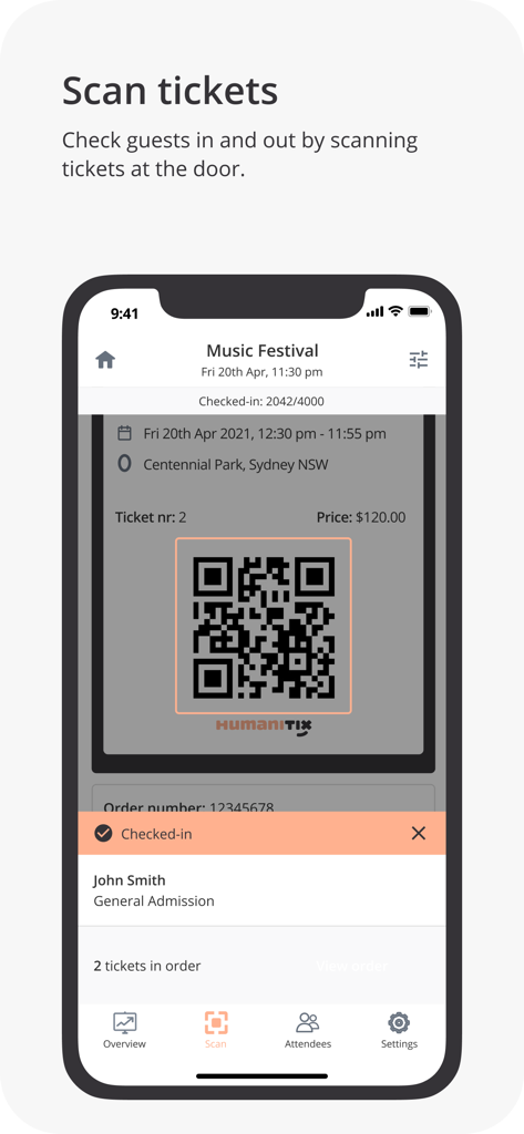 Humanitix for Hosts - Humanitix for Hosts app interface showing QR code scanning and guest check-in confirmation for an event.