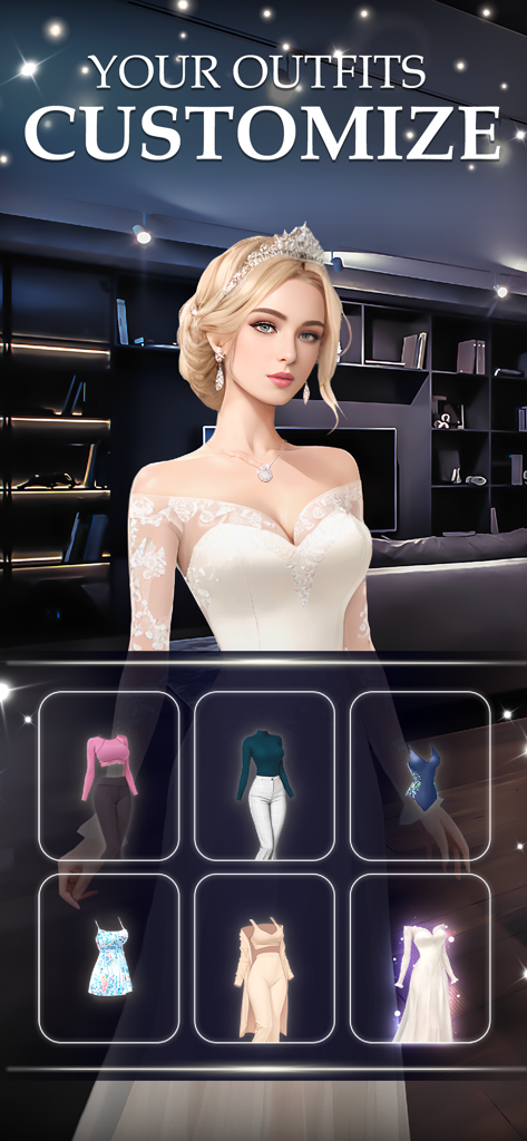 Lush: Interactive Stories - Interfaz de personalización de personajes de la aplicación Lush que muestra a una mujer con un vestido de novia y otras opciones de ropa.