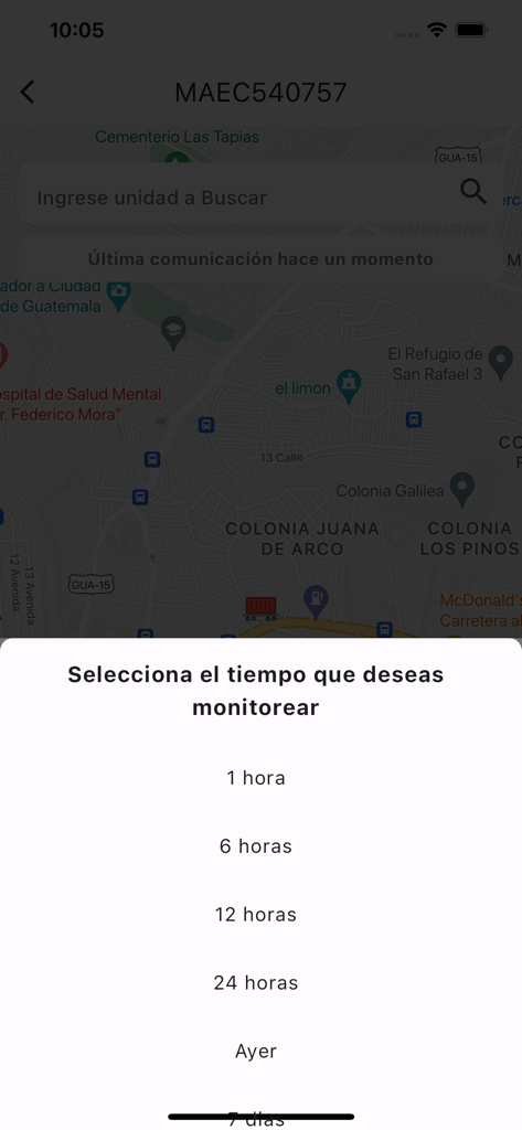 Forza Secure - Forza Secure app interface displaying time range options for asset tracking history