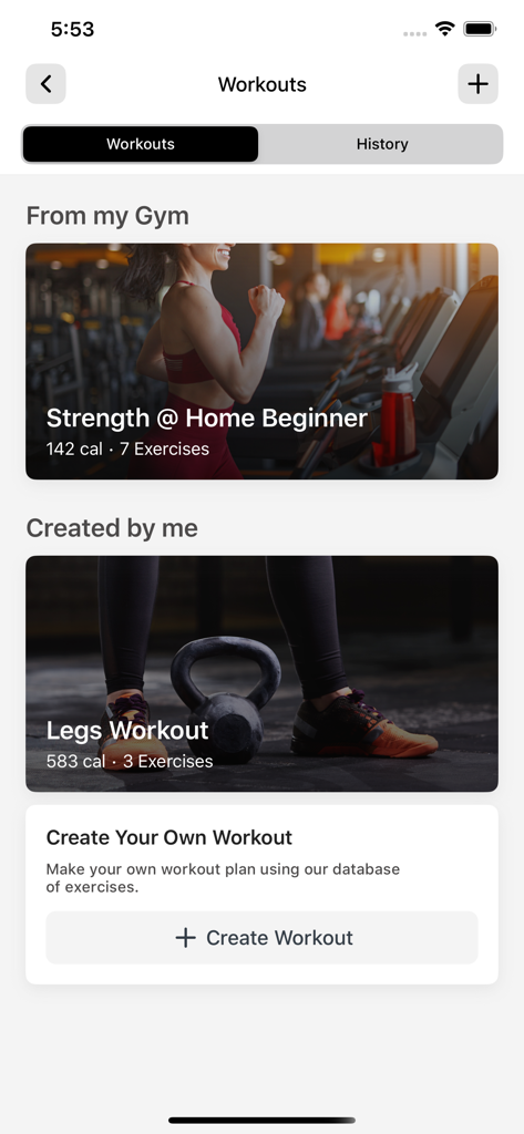 Places Fitness - Workouts screen of the Places Fitness app showing pre-made gym routines and custom workout creation options.