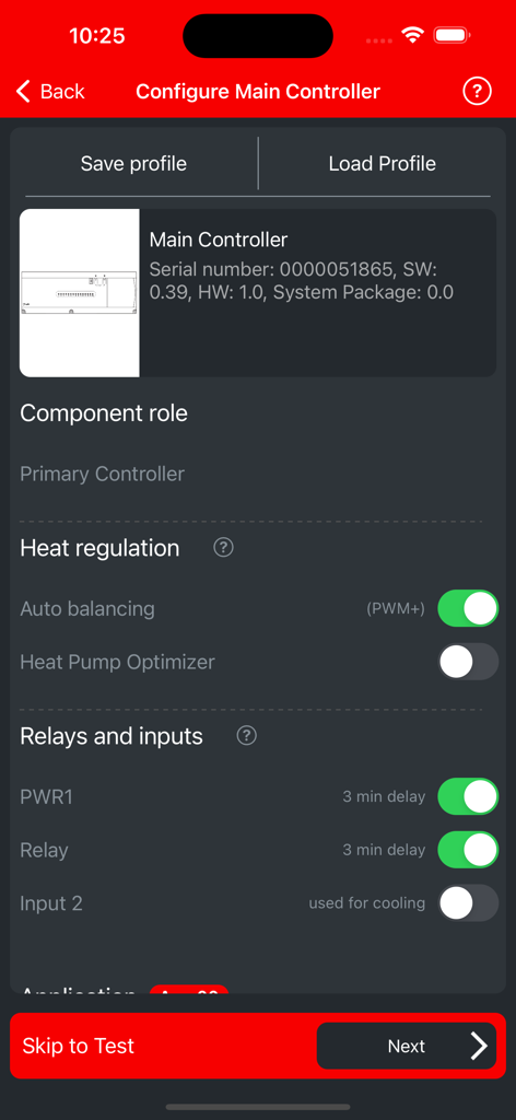 Danfoss Icon2™ - Main controller configuration screen in the Danfoss Icon2 app showing heat regulation and relay settings