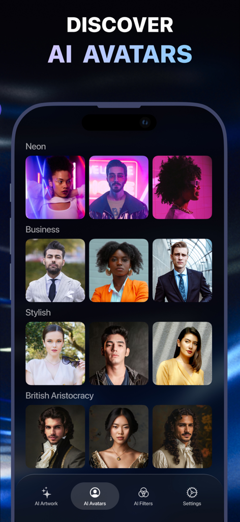 Artica - AI Art Generator - A smartphone screen from the Artica app showcasing various AI avatar styles including business and neon themes