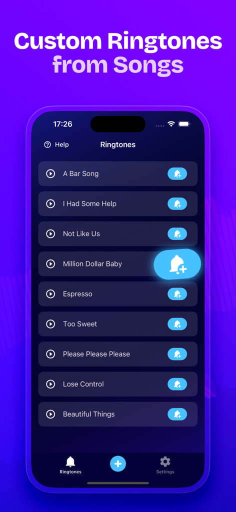 Ringtone Maker: SnapTone - SnapToneアプリのインターフェース。iPhoneでカスタム着信音を作成するために利用可能な曲のリストを表示