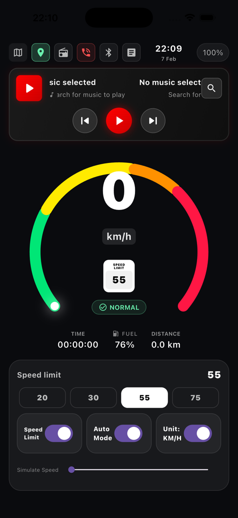 GPS Speedometer Tracker Free - GPS speedometer app interface showing a digital gauge speed limit alerts and integrated music controls