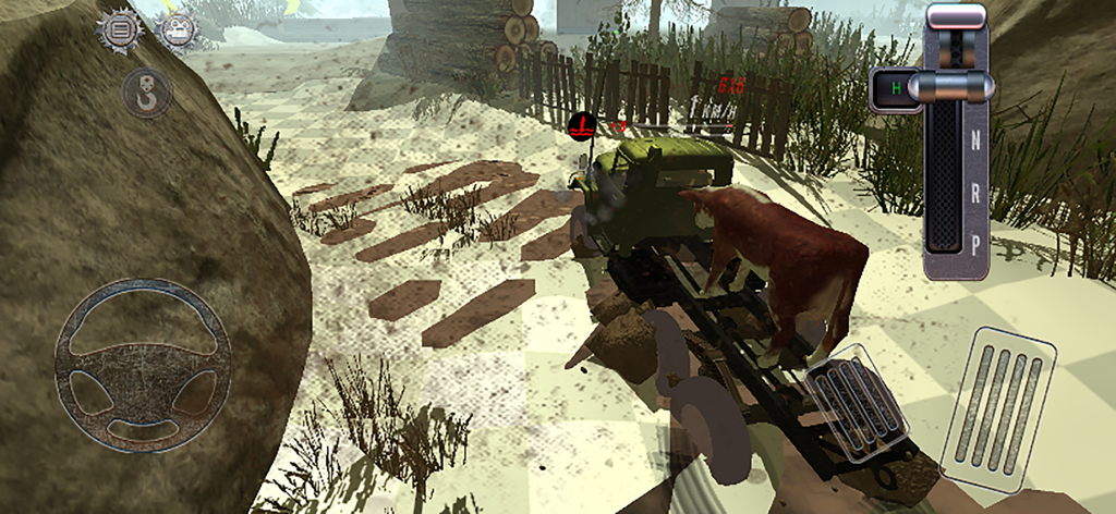 泥泞运输模拟驾驶卡车拉猪 - Jugabilidad del simulador de conducción de camiones que muestra un vehículo transportando ganado en terreno embarrado con controles de volante y pedal