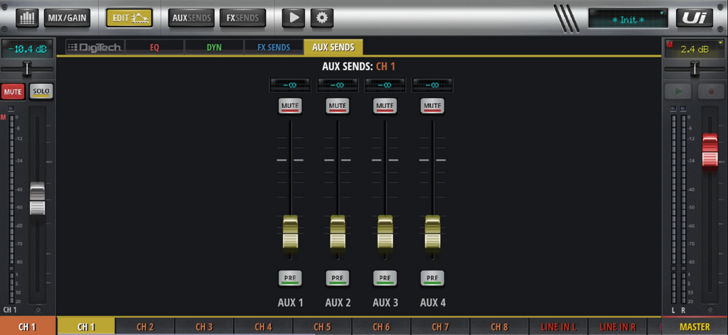 MyMixTool interface showing auxiliary sends faders for channel one on a Soundcraft digital mixer
