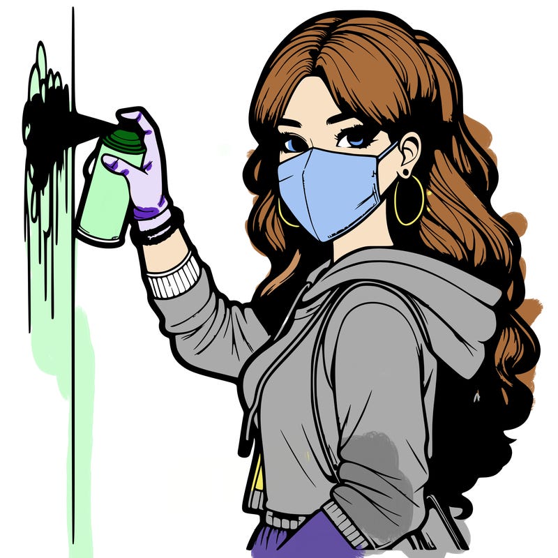 realistic girl with mask spray painting a wall