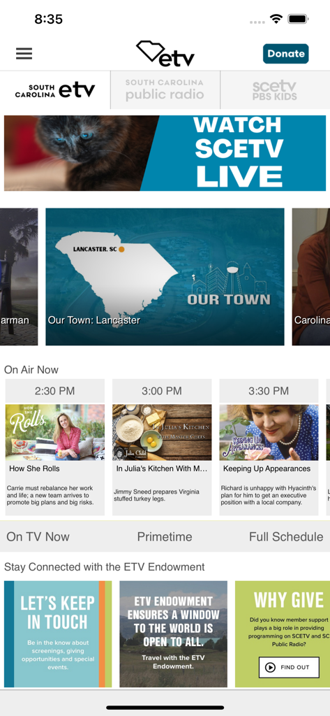 South Carolina ETV - The home screen of the South Carolina ETV mobile app displaying live TV and radio programs