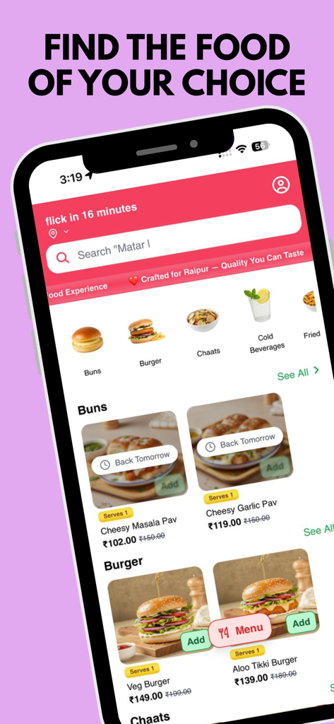 flick - Instant food delivery - Capture d'écran de l'interface de l'application flick montrant diverses catégories de nourriture et des éléments de menu comme des burgers et des pains avec des prix.