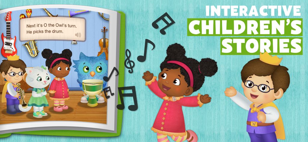 Characters from Daniel Tiger's Neighborhood in an interactive digital storybook about music